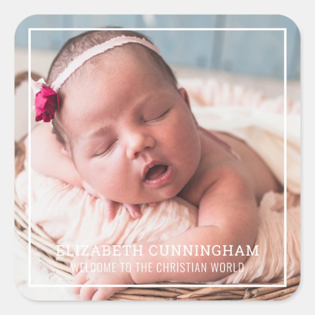 Baptism For Her | Modern Simple Frame Custom Photo Square Sticker (Front)
