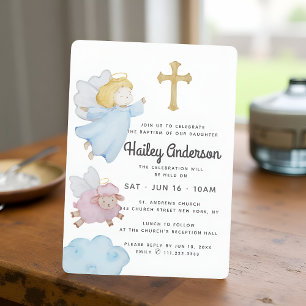 Baptism For Her Watercolor Angels and Cross Invitation