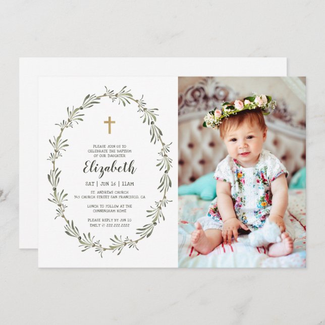 Baptism For Her Watercolor Green Foliage Invitation (Front/Back)