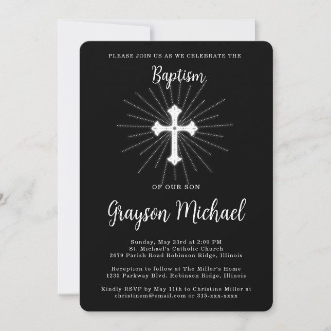 Baptism for Son Black with White Cross Invitation (Front)