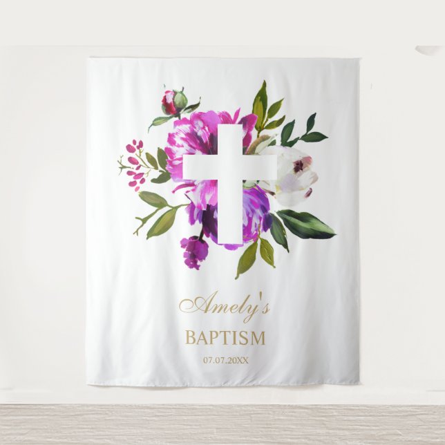Baptism Girl Backdrop - Purple Flowers Cross Tapestry (Front)