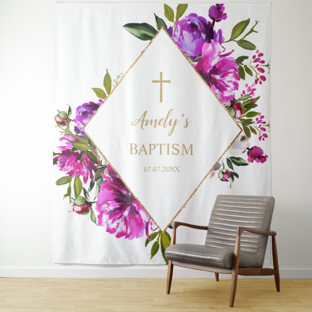 Baptism Girl Backdrop - Purple Flowers Tapestry (In Situ)
