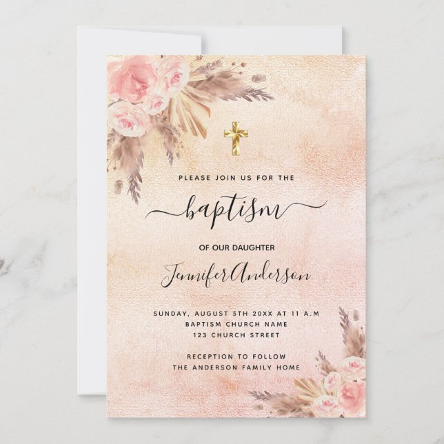 Baptism girl boho pampas grass rose gold pink invitation (Front)