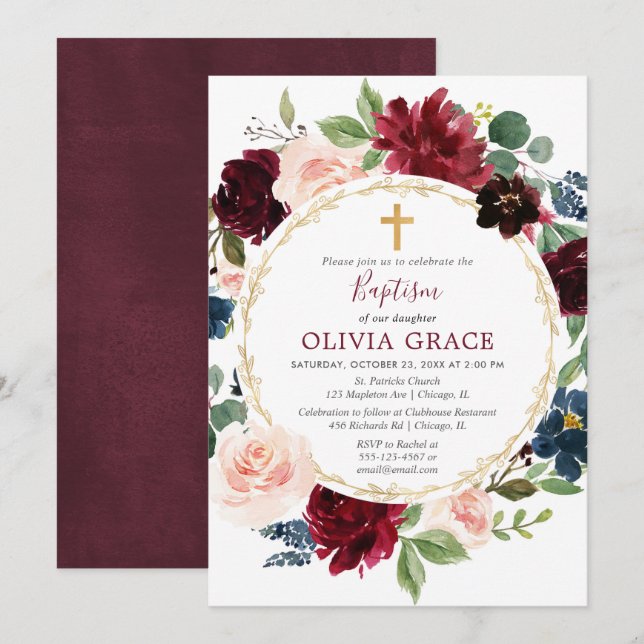 Baptism girl burgundy blush navy blue gold elegant invitation (Front/Back)