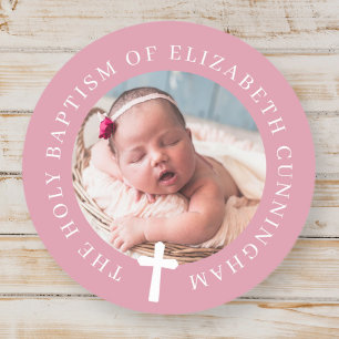 Baptism Girl Custom Photo and Simple Cross Classic Round Sticker