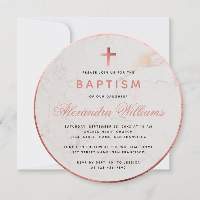 Baptism Girl Faux Rose Gold Marble Pink Script Invitation (Front)