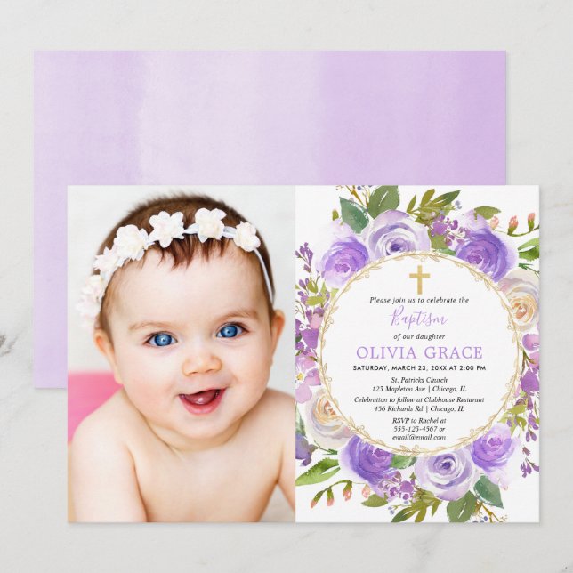 Baptism girl floral purple lavender lilac photo invitation (Front/Back)