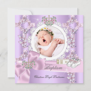 Baptism Girl Lilac Pink White Photo Christening Invitation