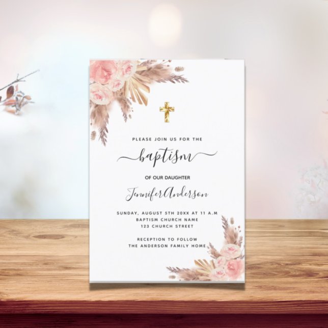 Baptism girl pampas grass rose gold blush pink invitation (Creator Uploaded)