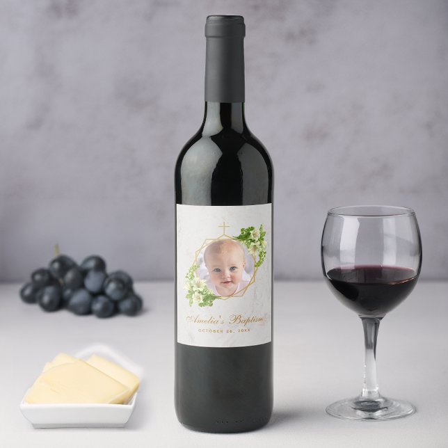 Baptism Girl Photo Floral Marble Gold White Lilies Wine Label (Creator Uploaded)