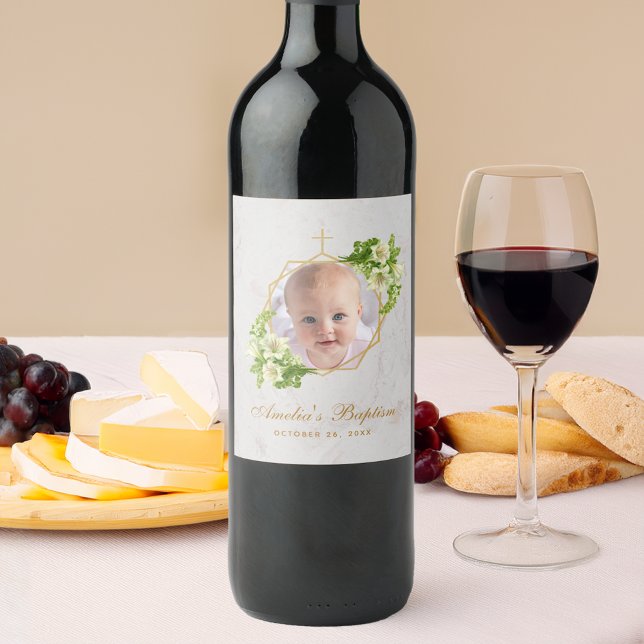Baptism Girl Photo Floral Marble Gold White Lilies Wine Label (Creator Uploaded)