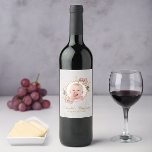 Baptism Girl Photo Floral Pink Orchids Marble Gold Wine Label