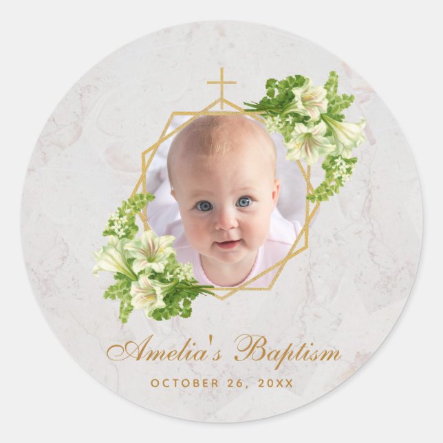 Baptism Girl Photo Floral White Lilies Gold Marble Classic Round Sticker (Front)