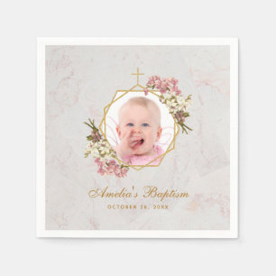 Baptism Girl Photo Marble Pink Orchids Gold Floral Napkin