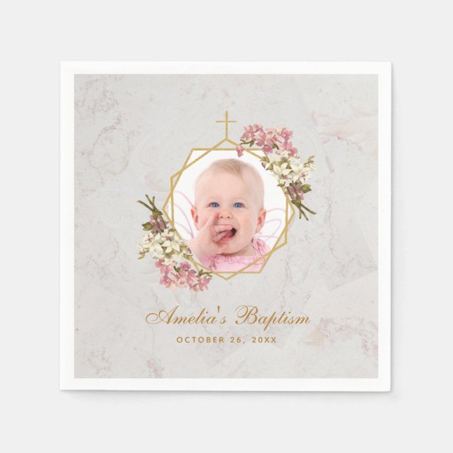 Baptism Girl Photo Marble Pink Orchids Gold Floral Napkin (Front)