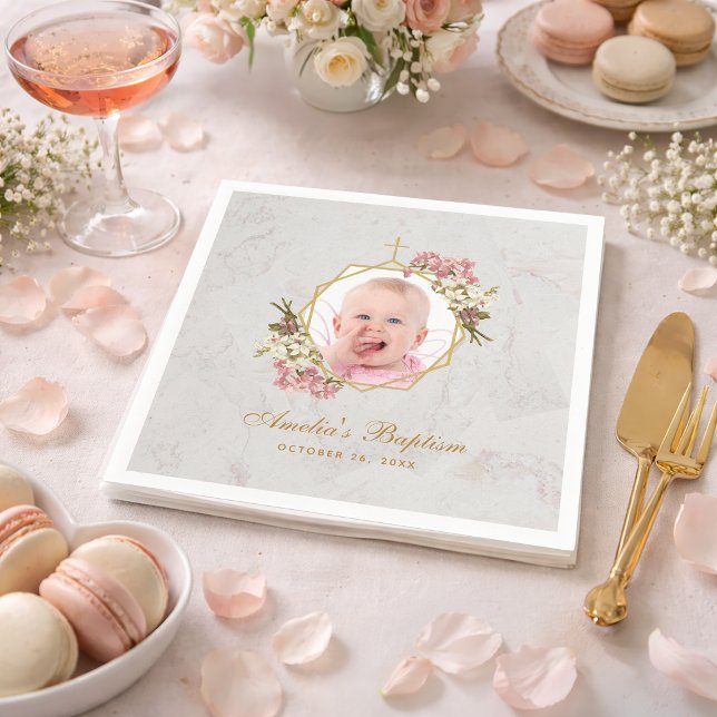 Baptism Girl Photo Marble Pink Orchids Gold Floral Napkin (Creator Uploaded)