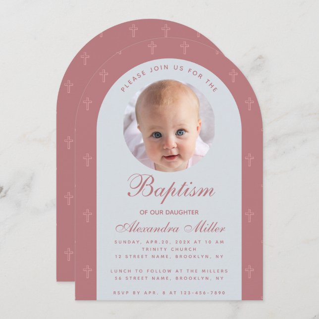Baptism Girl Photo Modern Arch Dusty Rose Script   Invitation (Front/Back)