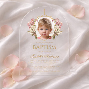 Baptism Girl Photo Pink and Gold Floral Geometric  Acrylic Invitations