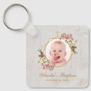 Baptism Girl Photo Pink Orchids Floral Gold Marble Key Ring