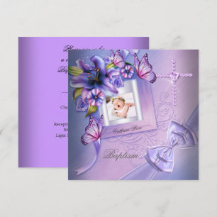 Baptism Girl Pink Purple Photo Christening Invitation