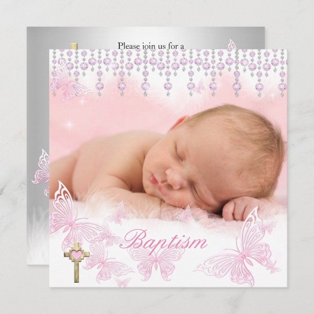 Baptism Girl Pink Silver Butterfly Cross Invitation (Front/Back)