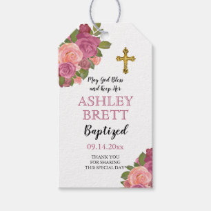 Baptism Girl Pink Watercolor Rose Floral Cross Gift Tags
