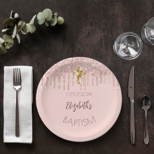 Baptism girl rose gold glitter drips name paper plate