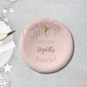 Baptism girl rose gold glitter drips name paper plate