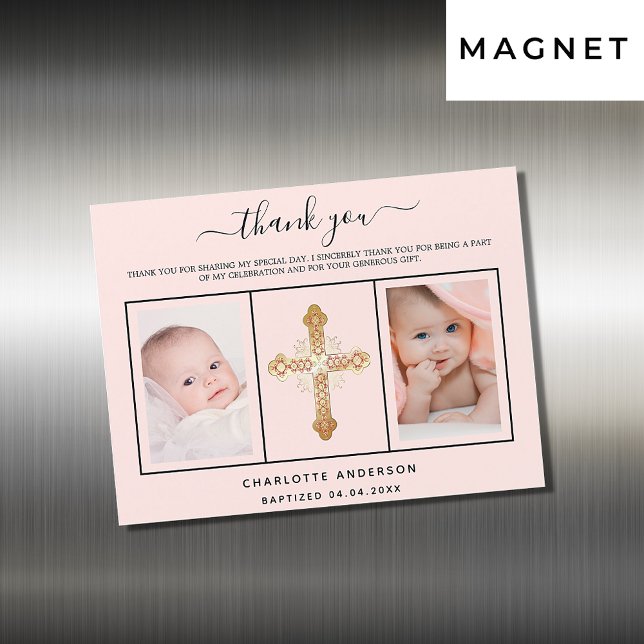 Baptism girl rose gold photo magnet thank you card (Creator Uploaded)