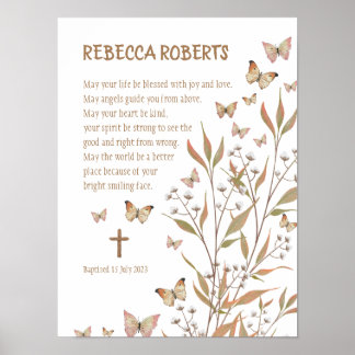 Baptism Girl Watercolour Butterflies Poster
