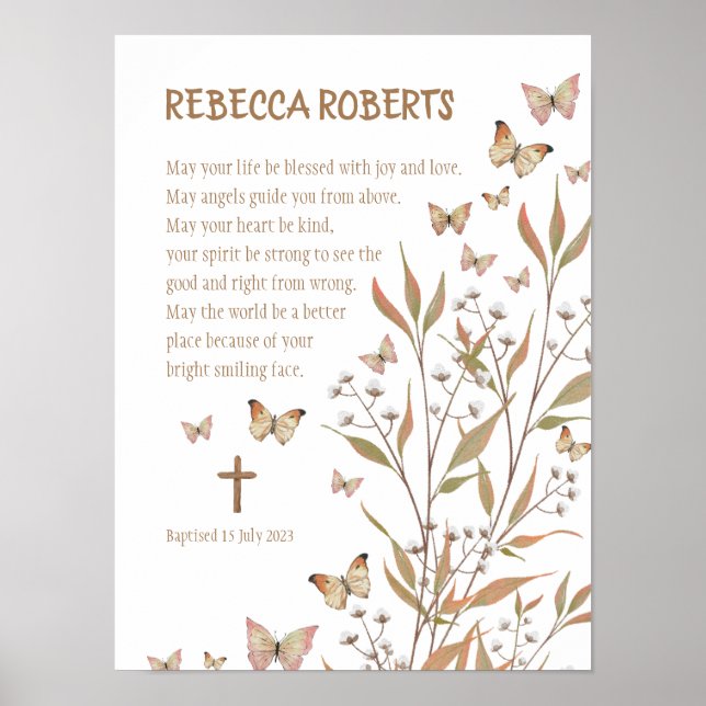 Baptism Girl Watercolour Butterflies Poster (Front)