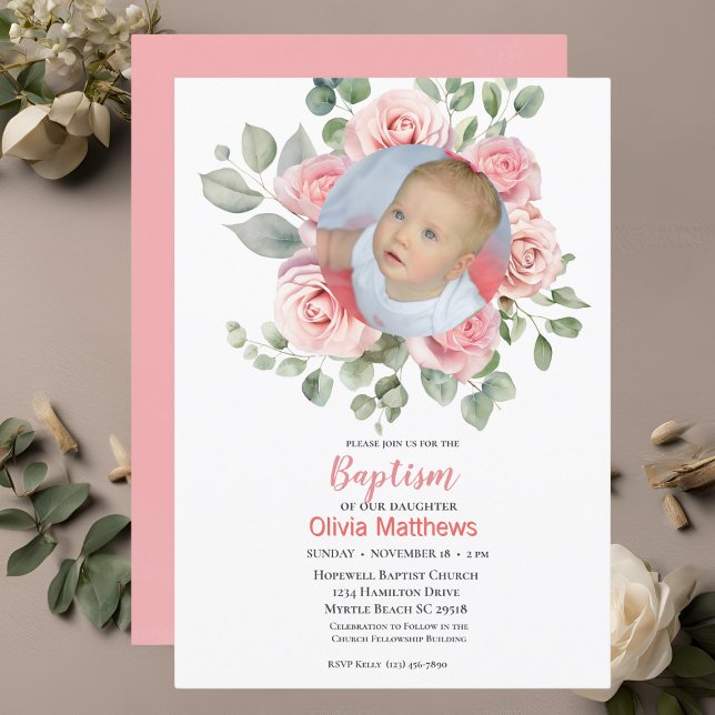  Baptism Girls Photo Pink Roses   Invitation (Creator Uploaded)