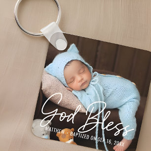 Baptism God Bless Simple Elegant Modern Baby Photo Key Ring