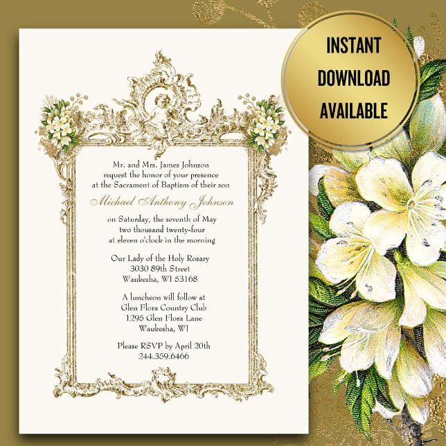 Baptism Gold Angels Floral Vintage  Invitation (Creator Uploaded)