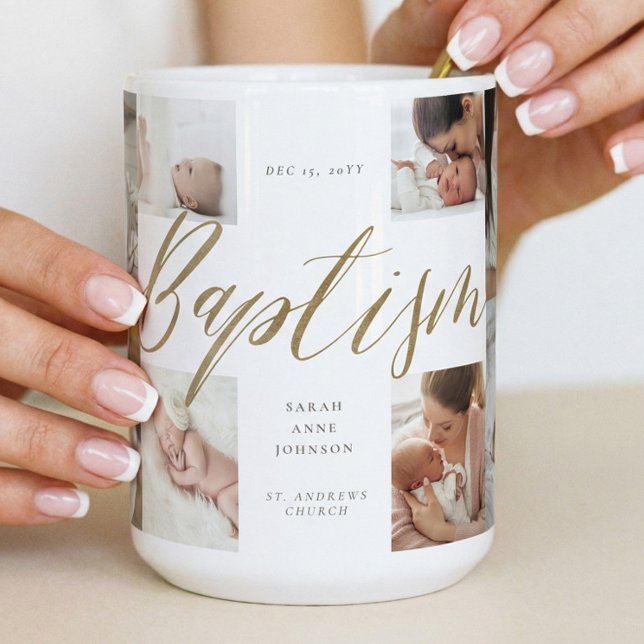 Baptism Gold Calligraphy Photo Collage Keepsake Coffee Mug (Baptism Gold Calligraphy Photo Collage Keepsake Coffee Mug)