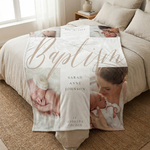 Baptism Gold Calligraphy Photo Collage Keepsake Fleece Blanket