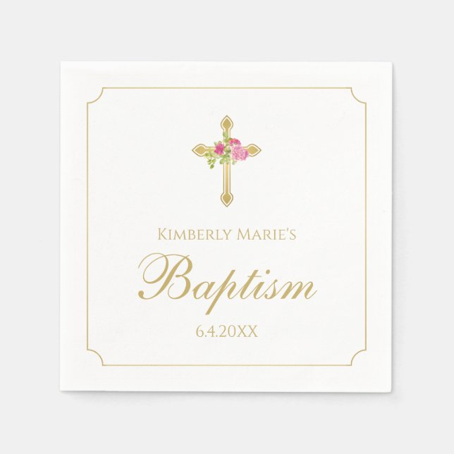 Baptism Gold Cross Pink Roses Floral Monogrammed Napkin (Front)