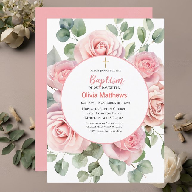  Baptism Gold Cross Pink Roses Girls Invitation (Creator Uploaded)
