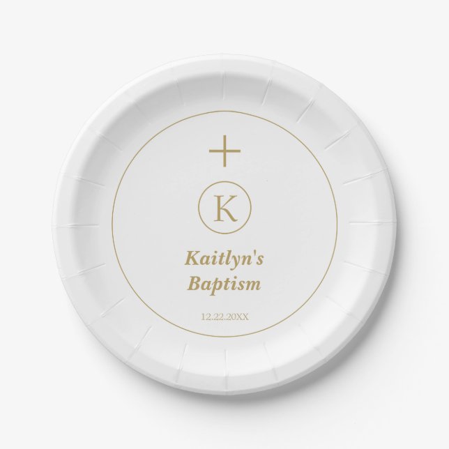 Baptism Gold White Monogram Initials Elegant Cute Paper Plate (Front)