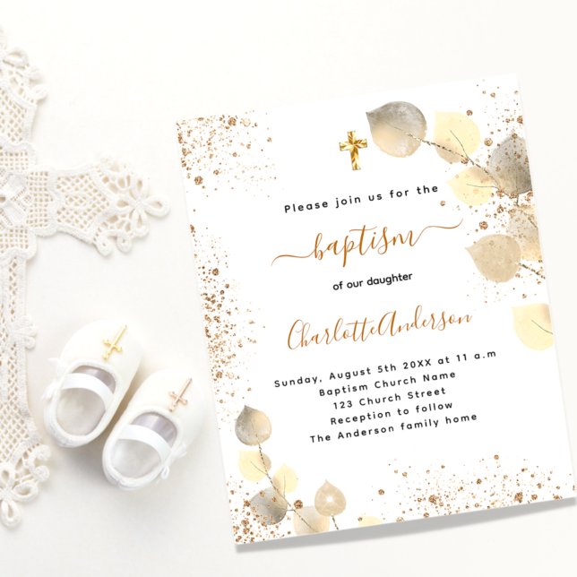 Baptism golden eucalyptus budget invitation flyer (Creator Uploaded)