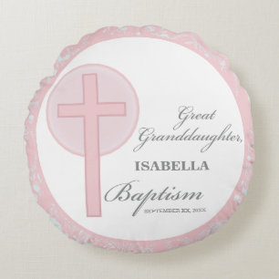 Baptism Great Granddaughter Pink Lace Personalised Round Cushion