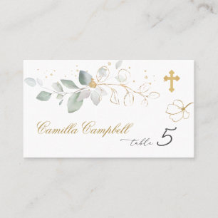 Baptism Green Gold Foliage Place card