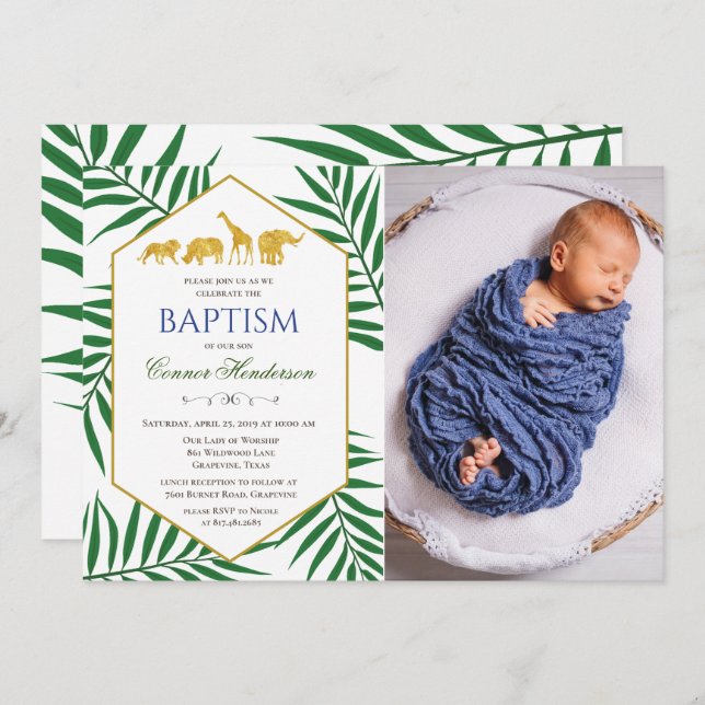 Baptism Green Leaf Jungle Safari Photo Invitation (Front/Back)