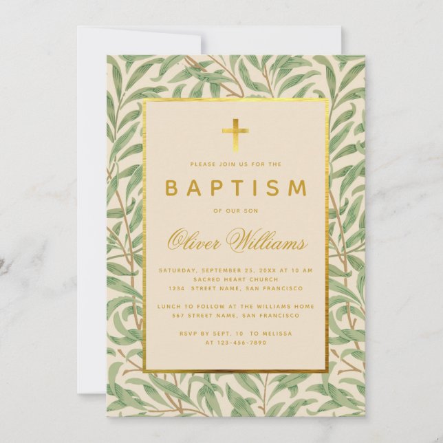 Baptism Green Leaves Faux Gold Cross Morris Willow Invitation (Front)