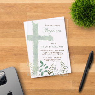 Baptism green watercolor cross acrylic invitations