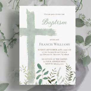 Baptism green watercolor cross invitation