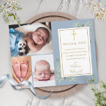 Baptism Greenery 3 Photo Dusty Blue Thank You Postcard<br><div class="desc">Gold signature baptism christening photo thank you postcard. Personalise with your 3 photos and special baptism,  christening thank you message in chic gold lettering on this modern elegant dusty blue design. Designed by Thisisnotme©</div>