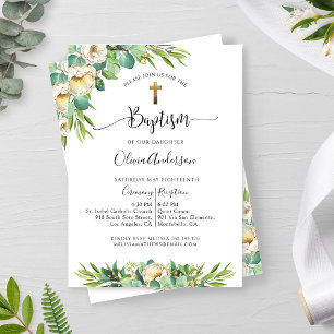 Baptism, Greenery and White, Gold Yellow Floral Invitation