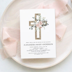 Baptism Greenery Dusty Pink Rose Cross Invitation