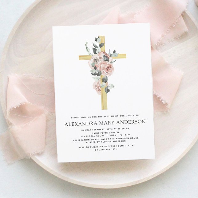 Baptism Greenery Dusty Pink Rose Cross Invitation (Creator Uploaded)